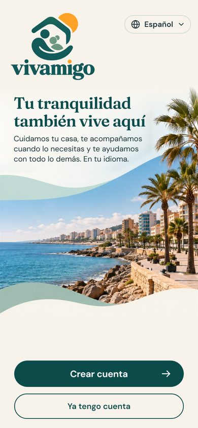 The Vivamigo app on a phone: the home screen shows the Torrevieja seafront and the words “Your peace of mind lives here too”.