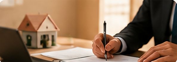 A person signs papers next to a small model of a house.